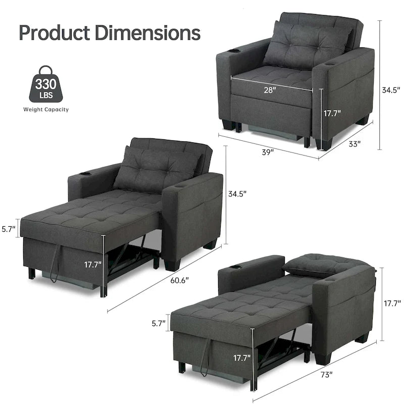 Fauteuil-lit futon convertible 3 en 1 pour salon
