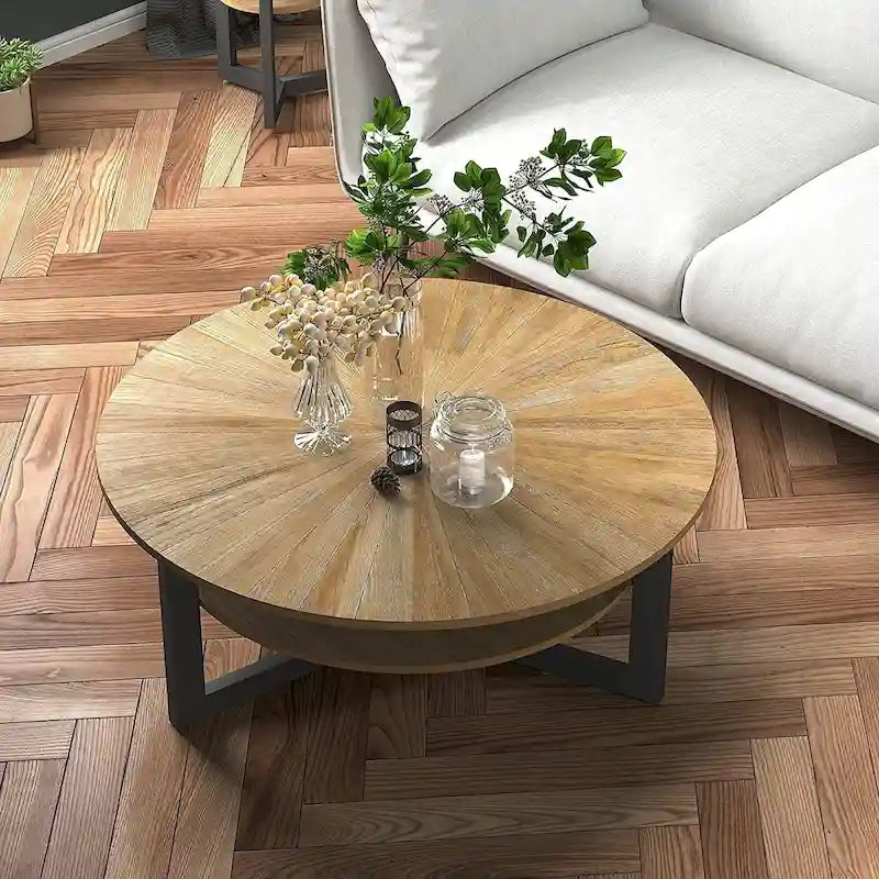 Table basse ronde avec rangement en bois massif