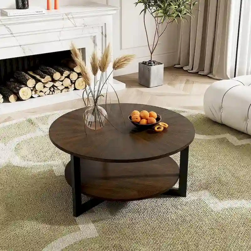 Table basse ronde avec rangement en bois massif