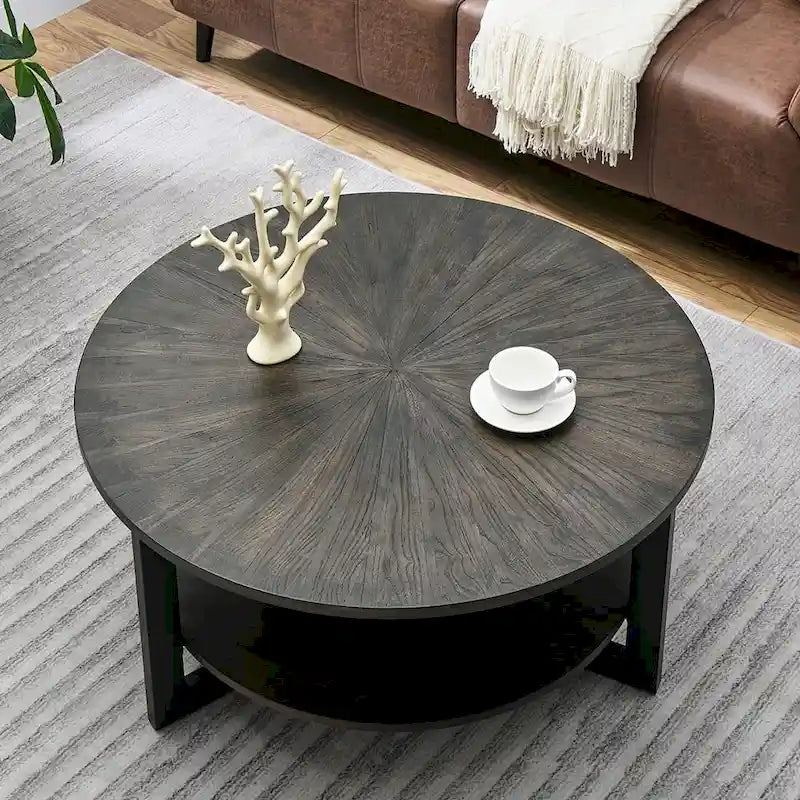 Table basse ronde avec rangement en bois massif