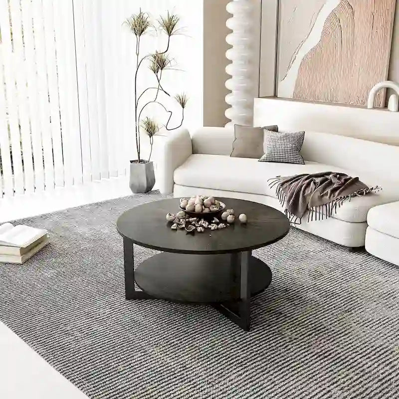 Table basse ronde avec rangement en bois massif