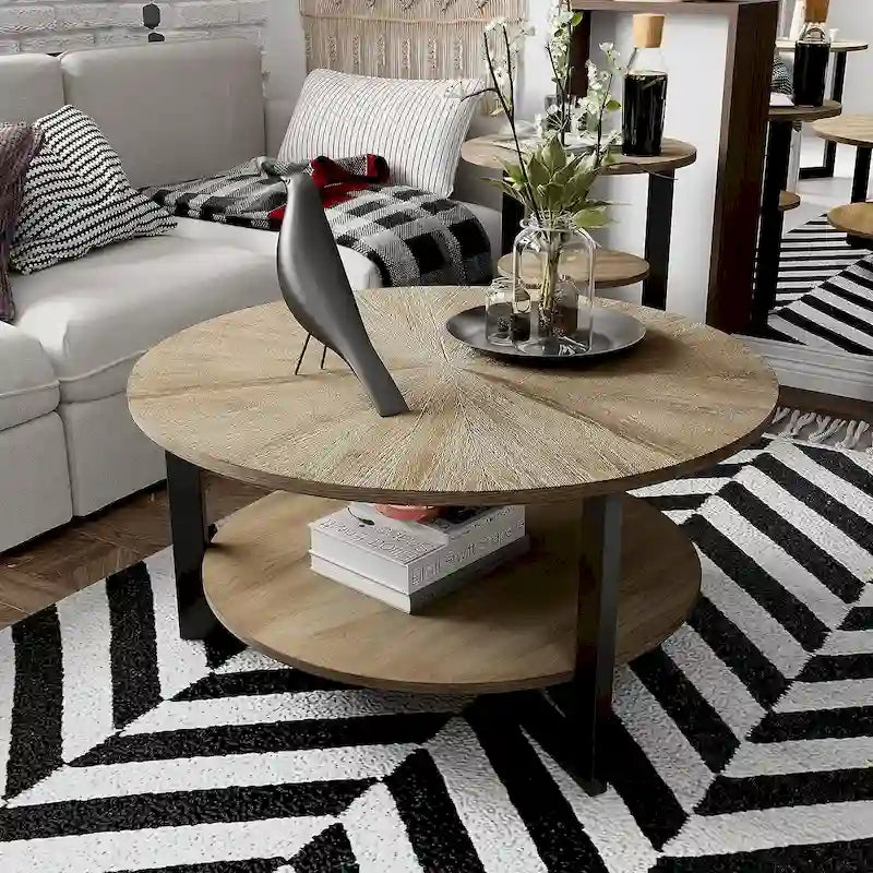 Table basse ronde avec rangement en bois massif