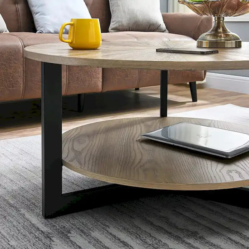 Table basse ronde avec rangement en bois massif