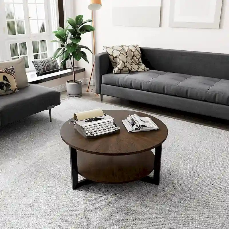 Table basse ronde avec rangement en bois massif