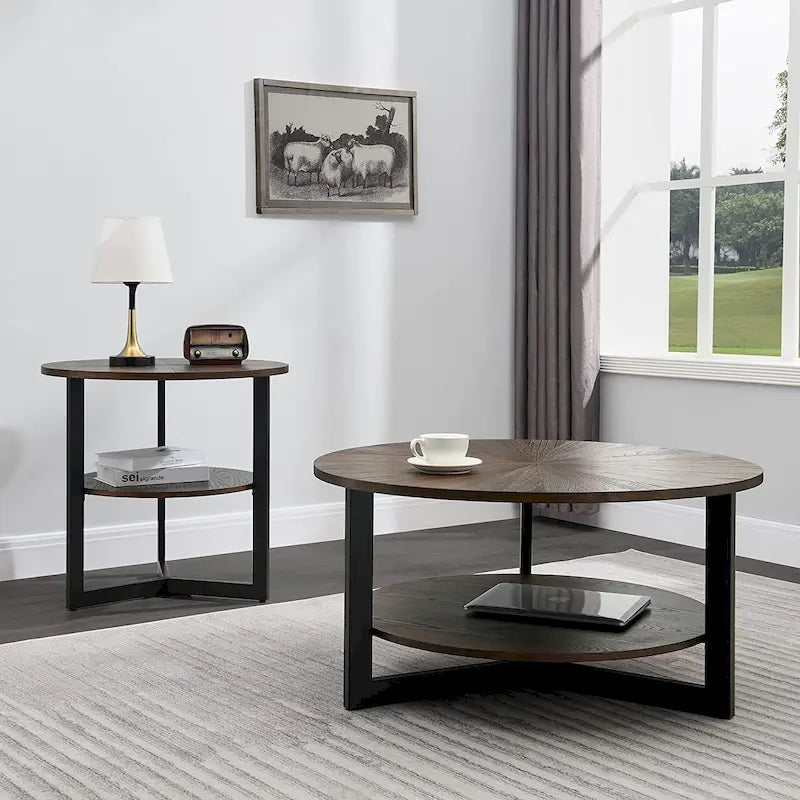 Table basse ronde avec rangement en bois massif