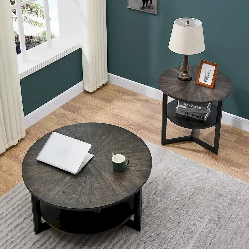 Table basse ronde avec rangement en bois massif