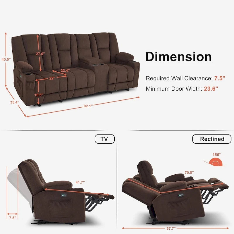 Canapé inclinable électrique MCombo avec massage et chauffage lombaire, tissu 6015/6025/6035/6045