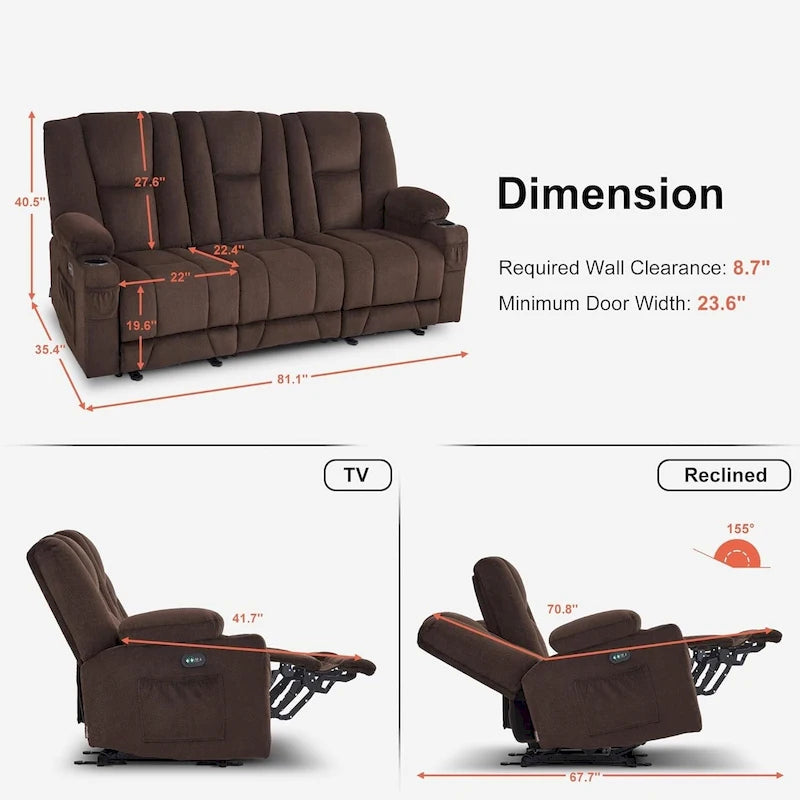 Canapé inclinable électrique MCombo avec massage et chauffage lombaire, tissu 6015/6025/6035/6045
