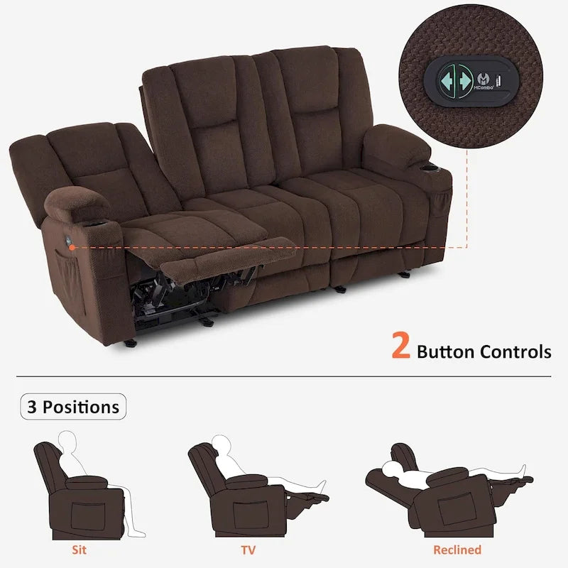 Canapé inclinable électrique MCombo avec massage et chauffage lombaire, tissu 6015/6025/6035/6045