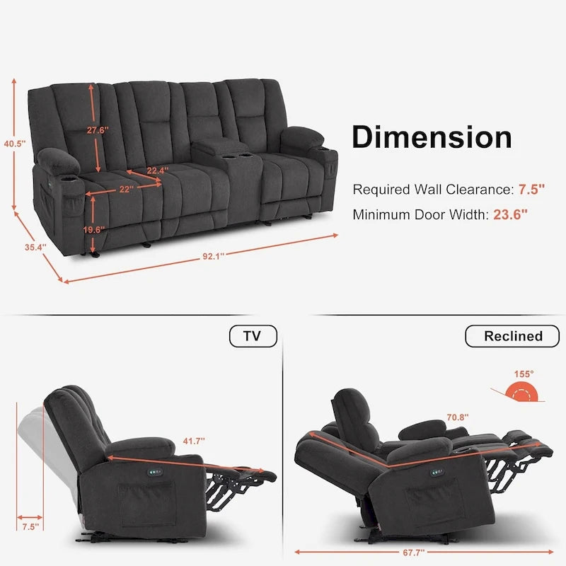 Canapé inclinable électrique MCombo avec massage et chauffage lombaire, tissu 6015/6025/6035/6045