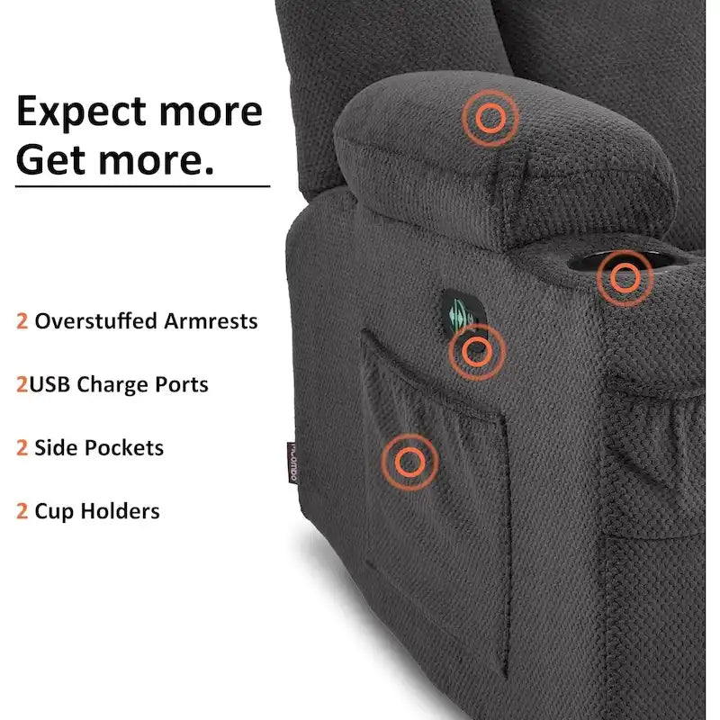Canapé inclinable électrique MCombo avec massage et chauffage lombaire, tissu 6015/6025/6035/6045