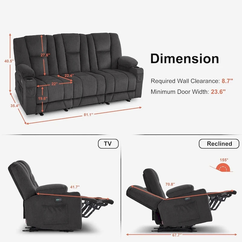 Canapé inclinable électrique MCombo avec massage et chauffage lombaire, tissu 6015/6025/6035/6045