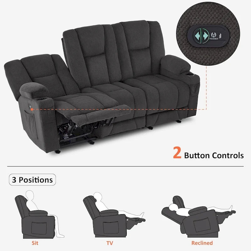 Canapé inclinable électrique MCombo avec massage et chauffage lombaire, tissu 6015/6025/6035/6045