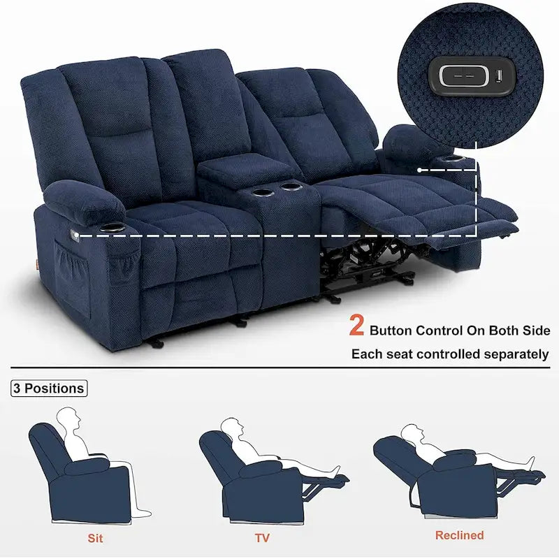 Canapé inclinable électrique MCombo avec massage et chauffage lombaire, tissu 6015/6025/6035/6045