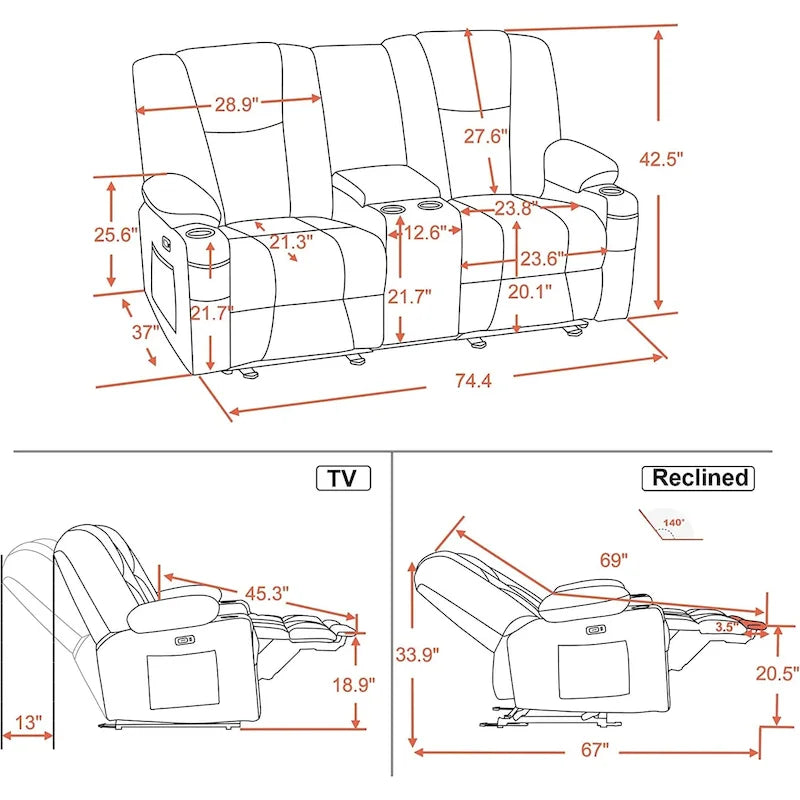 Canapé inclinable électrique MCombo avec massage et chauffage lombaire, tissu 6015/6025/6035/6045