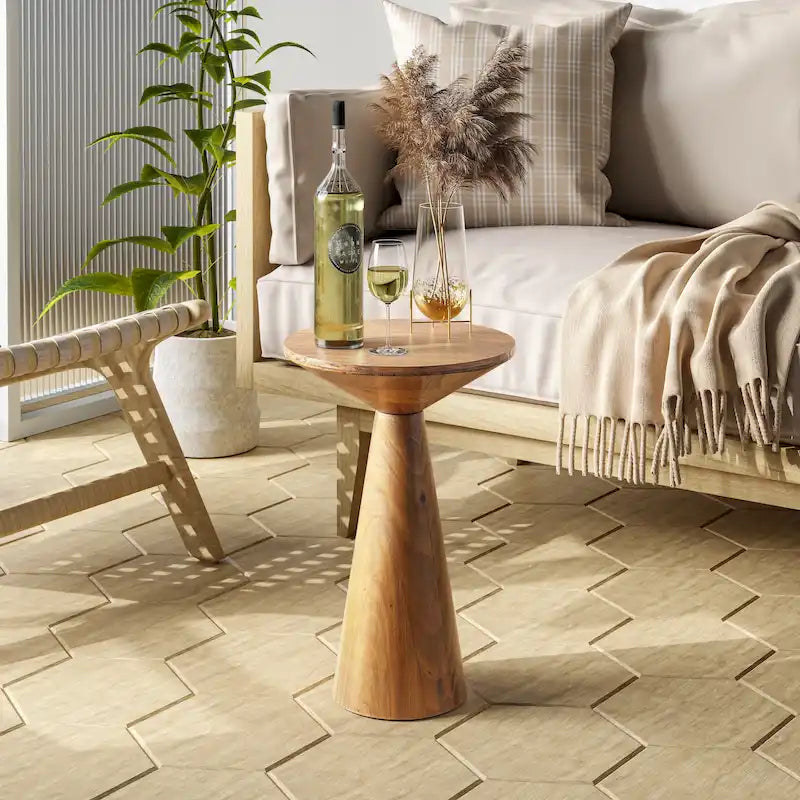 Table d'appoint ronde COZAYH style ferme, support pour plantes en bois, petite table rustique pour salon ou chambre.