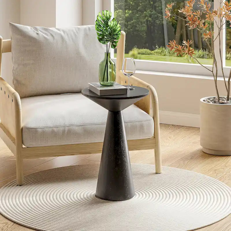 Table d'appoint ronde COZAYH style ferme, support pour plantes en bois, petite table rustique pour salon ou chambre.