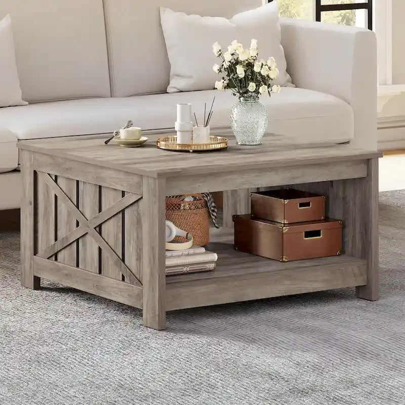 Table basse carrée en bois de style rustique moderne avec rangement