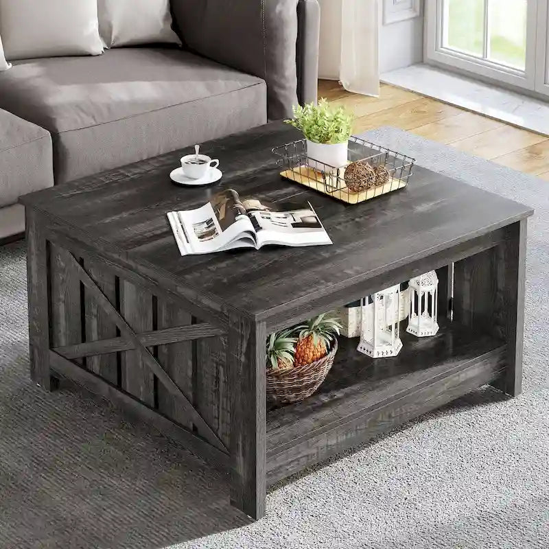 Table basse carrée en bois de style rustique moderne avec rangement