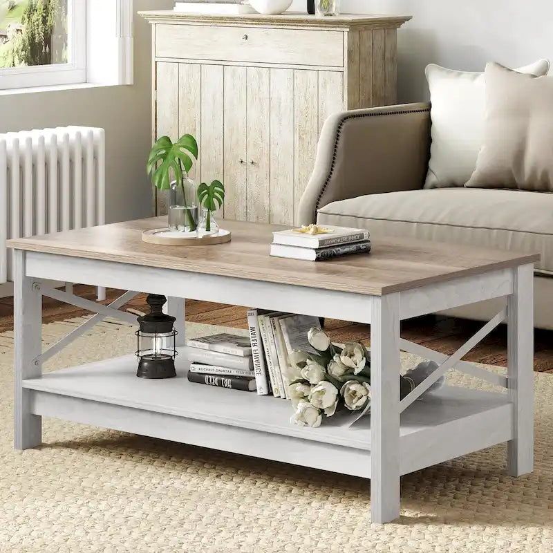 Table basse de style campagnard avec rangement, table centrale à 2 niveaux pour salon