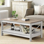Table basse de style campagnard avec rangement, table centrale à 2 niveaux pour salon