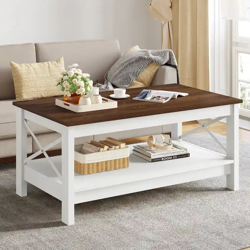 Table basse de style campagnard avec rangement, table centrale à 2 niveaux pour salon