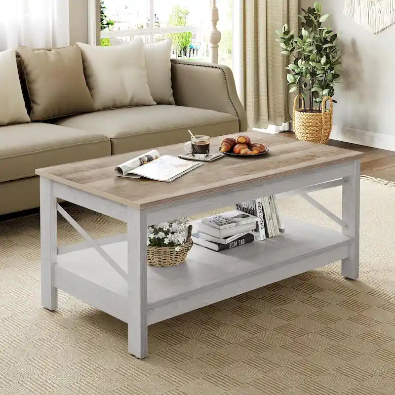 Table basse de style campagnard avec rangement, table centrale à 2 niveaux pour salon