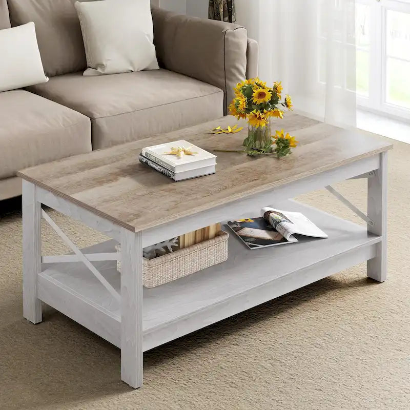 Table basse de style campagnard avec rangement, table centrale à 2 niveaux pour salon