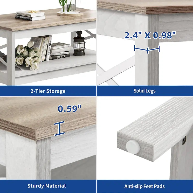 Table basse de style campagnard avec rangement, table centrale à 2 niveaux pour salon