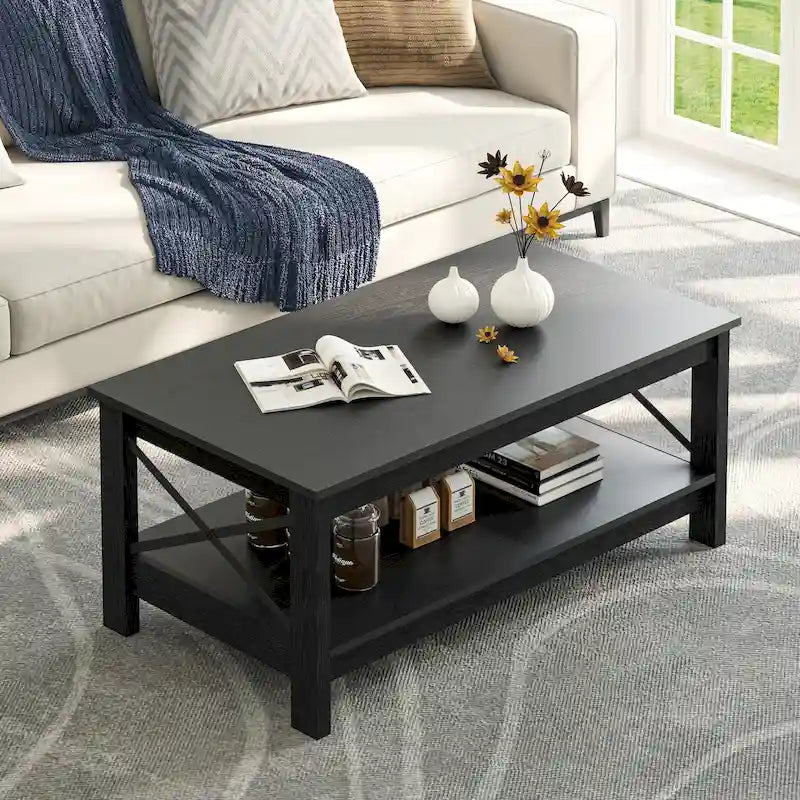 Table basse de style campagnard avec rangement, table centrale à 2 niveaux pour salon