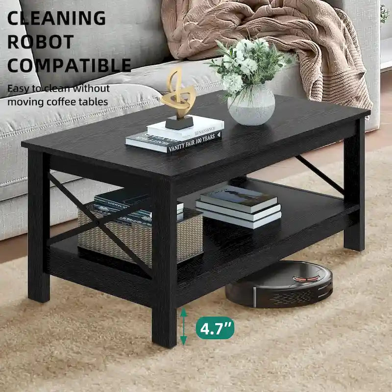 Table basse de style campagnard avec rangement, table centrale à 2 niveaux pour salon