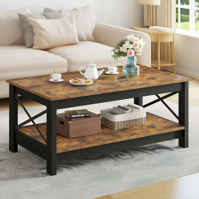 Table basse de style campagnard avec rangement, table centrale à 2 niveaux pour salon