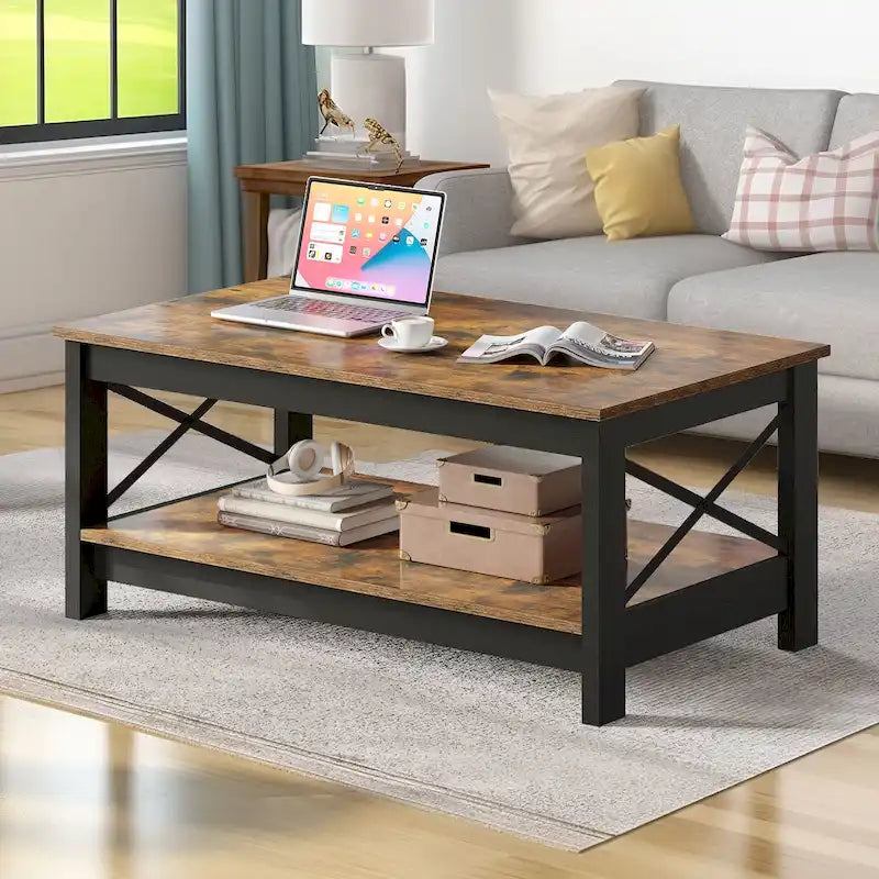 Table basse de style campagnard avec rangement, table centrale à 2 niveaux pour salon