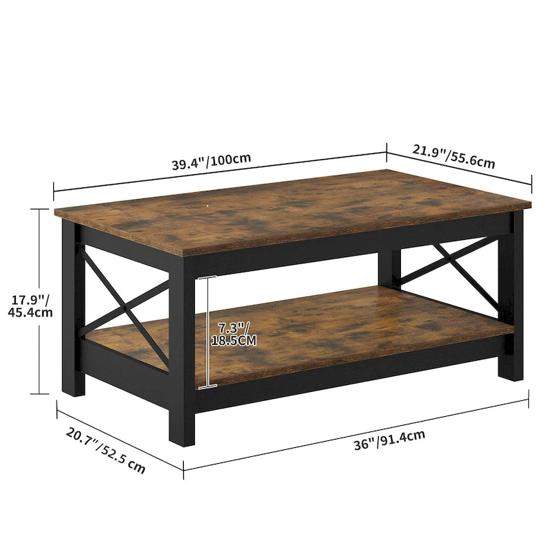 Table basse de style campagnard avec rangement, table centrale à 2 niveaux pour salon