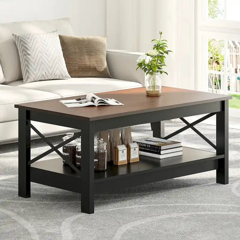 Table basse de style campagnard avec rangement, table centrale à 2 niveaux pour salon