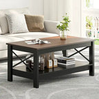 Table basse de style campagnard avec rangement, table centrale à 2 niveaux pour salon