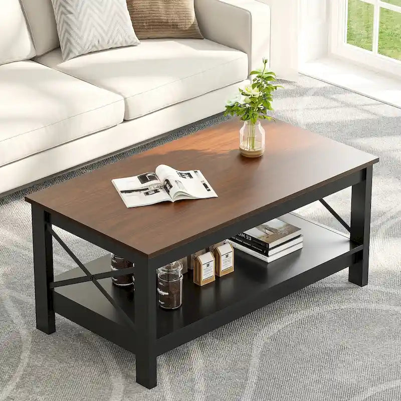 Table basse de style campagnard avec rangement, table centrale à 2 niveaux pour salon