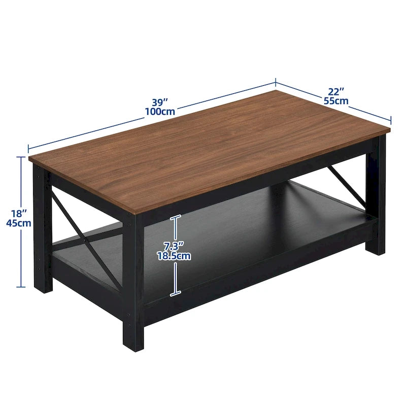 Table basse de style campagnard avec rangement, table centrale à 2 niveaux pour salon