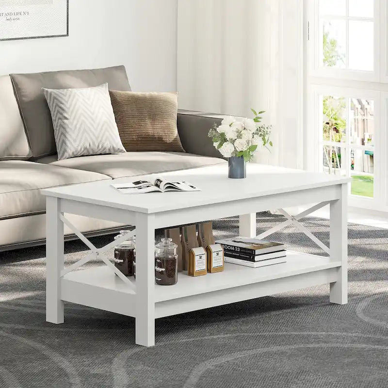 Table basse de style campagnard avec rangement, table centrale à 2 niveaux pour salon