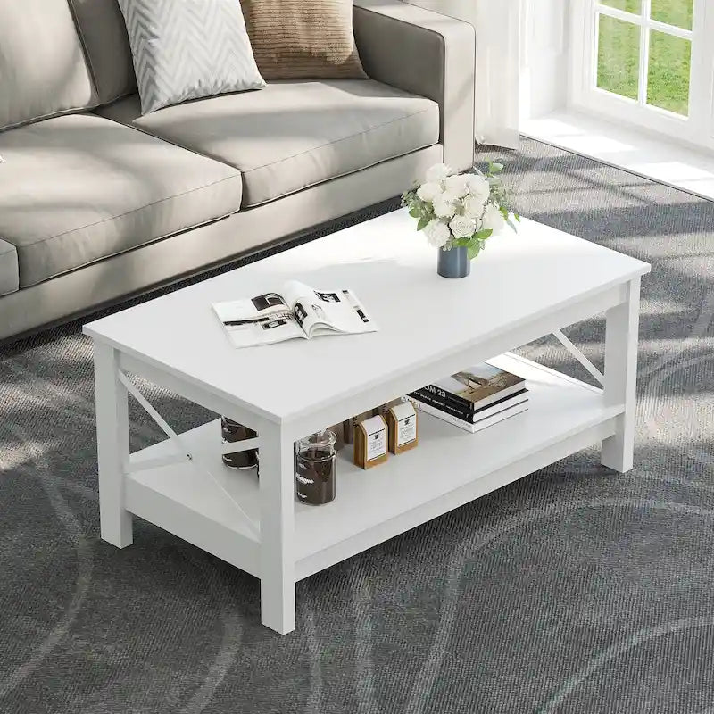 Table basse de style campagnard avec rangement, table centrale à 2 niveaux pour salon