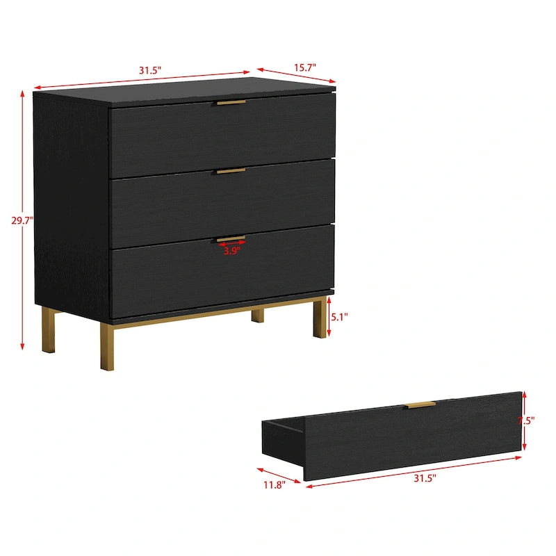 Table de chevet en bois noir avec commode à 3 tiroirs (31,5 po L x 29,7 po H)