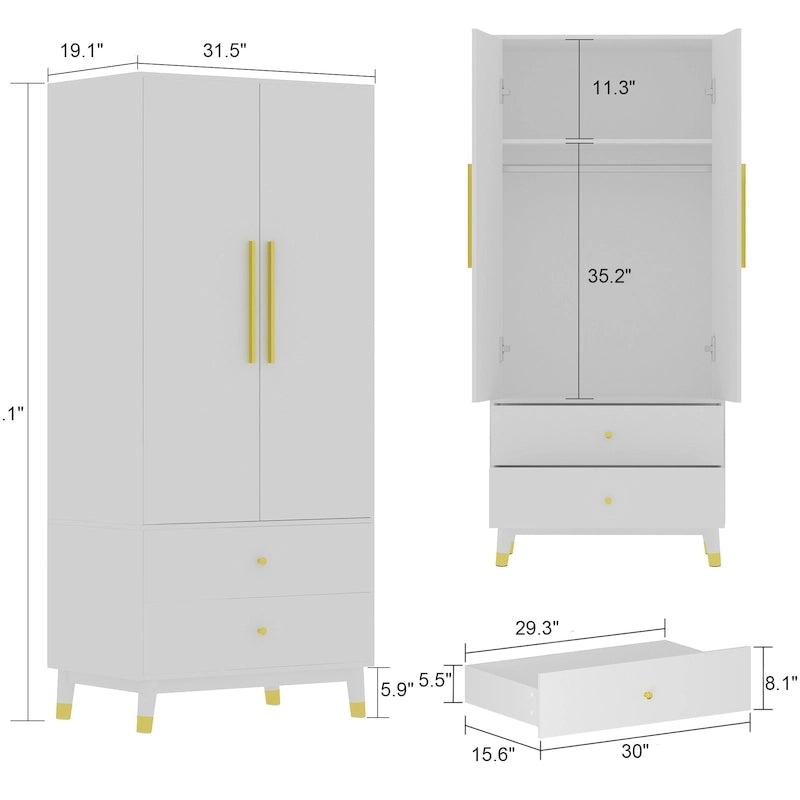 Armoire et penderie 70,9H à deux tiroirs avec rangement suspendu