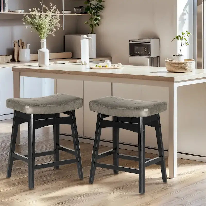 Tabourets de bar en bois massif de 61 cm (24 pouces) avec coussin en lin/simili cuir, lot de 2