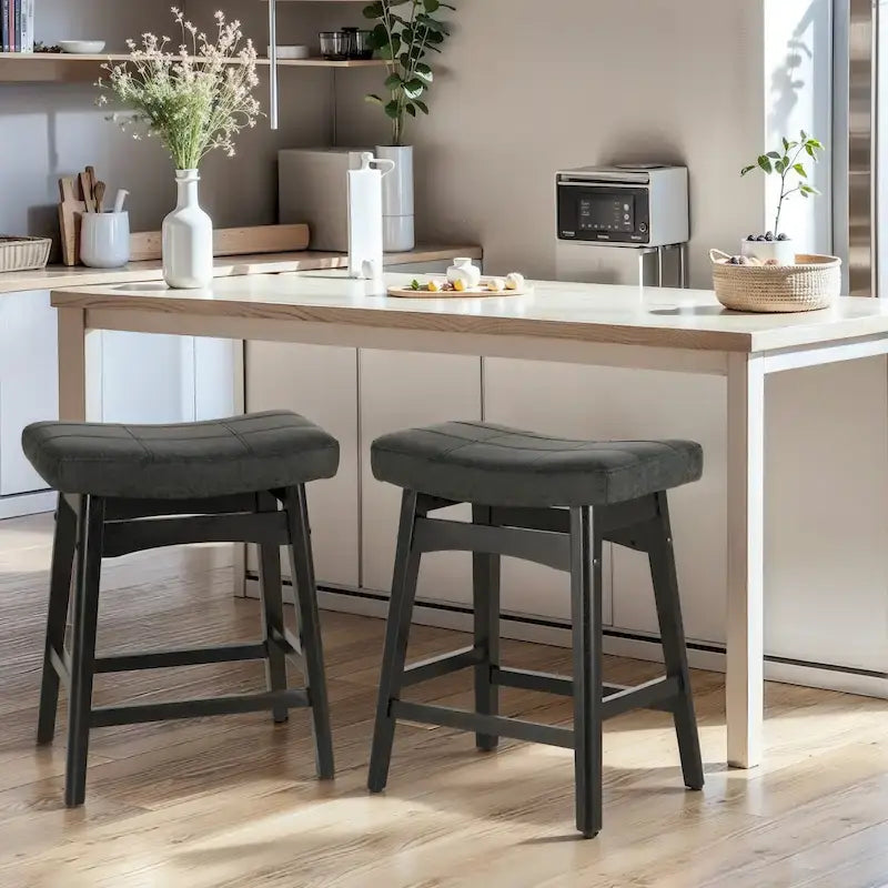 Tabourets de bar en bois massif de 61 cm (24 pouces) avec coussin en lin/simili cuir, lot de 2