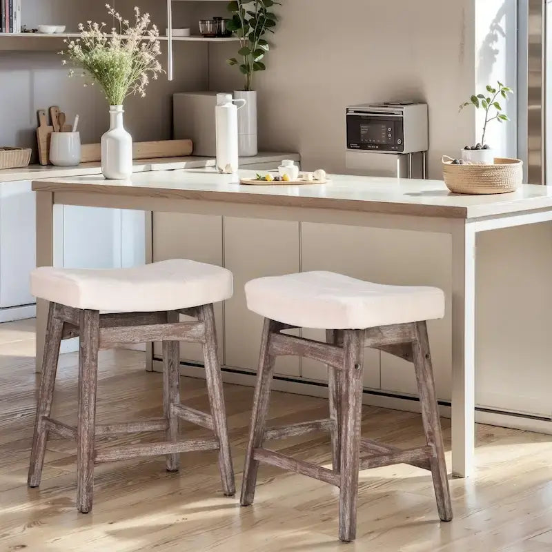 Tabourets de bar en bois massif de 61 cm (24 pouces) avec coussin en lin/simili cuir, lot de 2