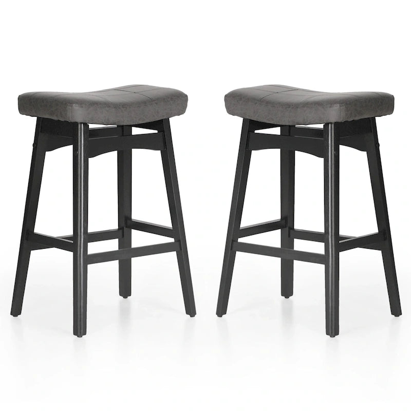 Tabourets de bar en bois massif de 61 cm (24 pouces) avec coussin en lin/simili cuir, lot de 2