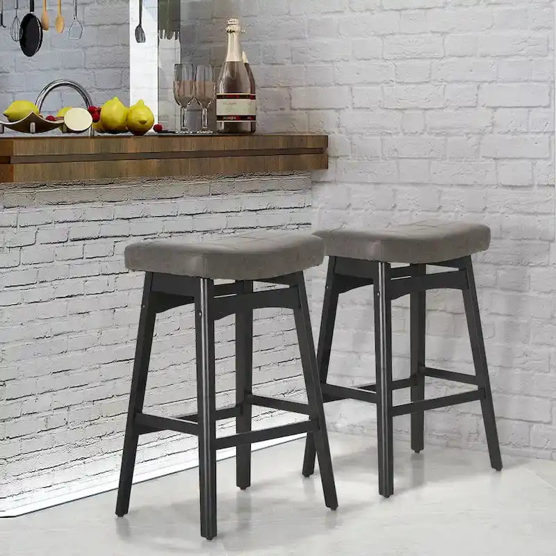 Tabourets de bar en bois massif de 61 cm (24 pouces) avec coussin en lin/simili cuir, lot de 2