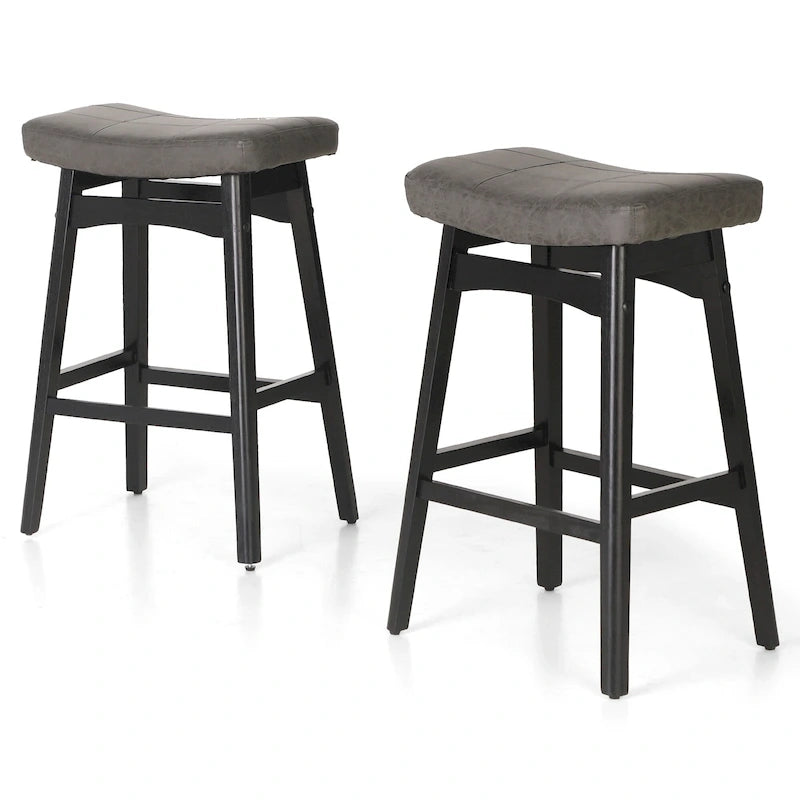 Tabourets de bar en bois massif de 61 cm (24 pouces) avec coussin en lin/simili cuir, lot de 2