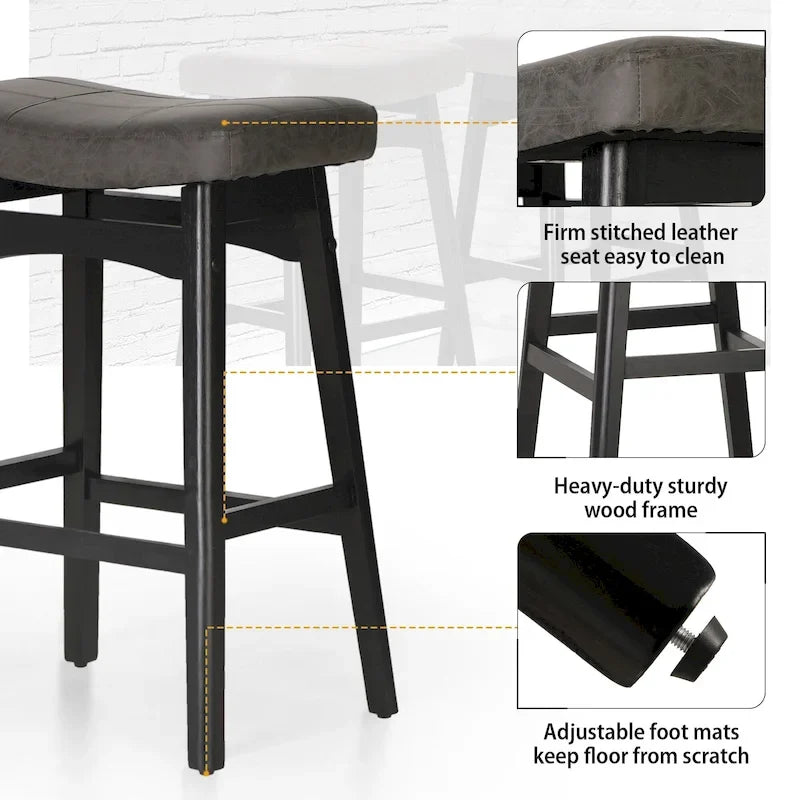 Tabourets de bar en bois massif de 61 cm (24 pouces) avec coussin en lin/simili cuir, lot de 2