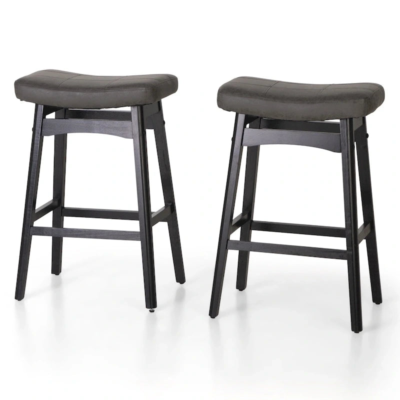 Tabourets de bar en bois massif de 61 cm (24 pouces) avec coussin en lin/simili cuir, lot de 2